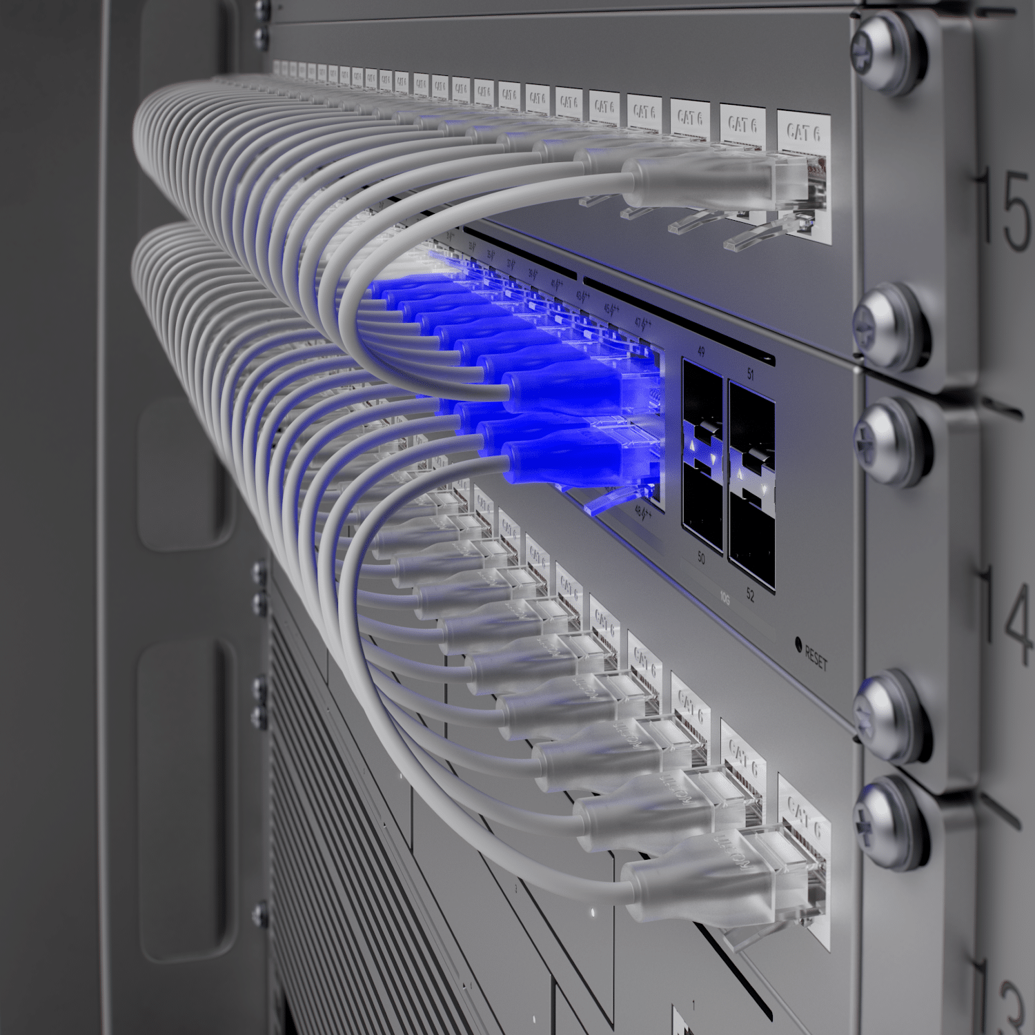 Close-up of secure networking server equipment with multiple connected cables. Several ports glow blue, indicating active connections. The cables are neatly organized and plugged into numbered ports, highlighting a focus on security and reliability.