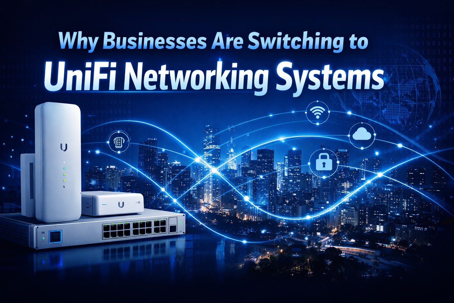 A digital graphic showing Why Businesses Are Switching to UniFi Networking Systems, highlighting Professional IT Support above UniFi networking devices with a city skyline, glowing network lines, and icons for cloud, security, and connectivity.